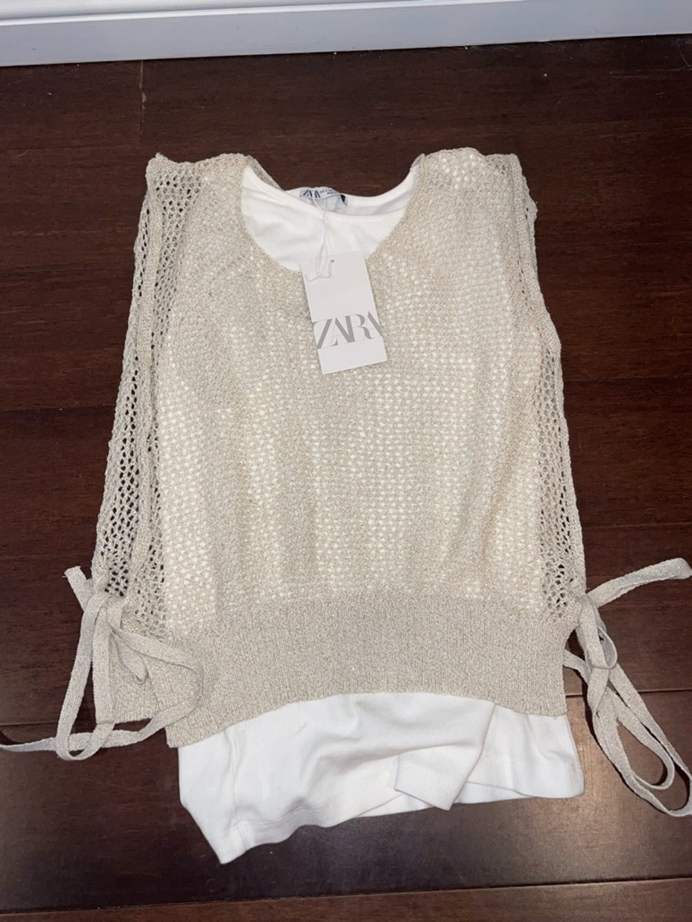 zara white tank with metallic mesh overlay with side ties large nwt - Picture 1 of 6